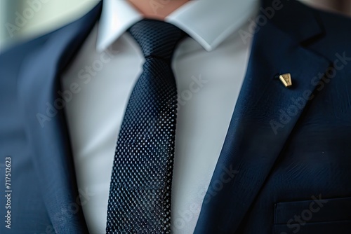 Closeup of lapel pin on men s tailored suit for corporate meeting photo