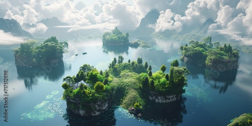 Create a virtual reality landscape with floating islands and immersive interfaces. © Muhammad