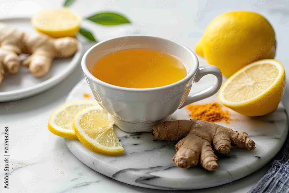 Ginger lemon and turmeric tea on a marble board Ginger lemon and turmeric tea on a marble board