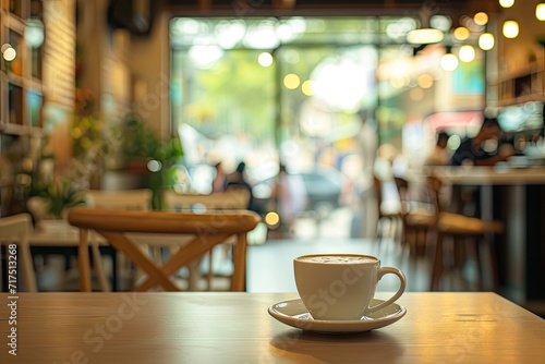 Cafe interior with a blurred background including a coffee cup on a table