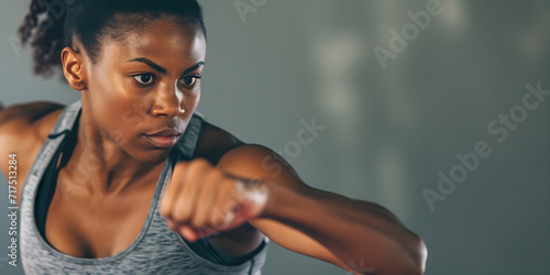 motion blurred sportswoman running and doing strength training in a studio, grey background, time-lapse action shot