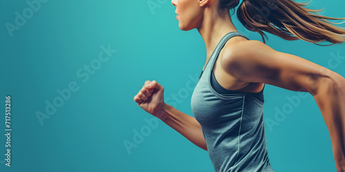 motion blurred sportswoman running and doing strength training in a studio, blue background, time-lapse action shot