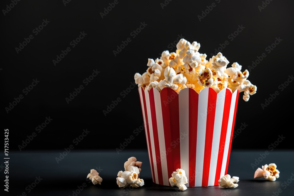 Striped bucket with popcorn on black background associated with TV or cinema