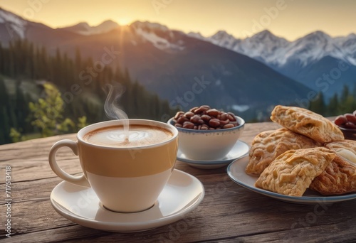 Coffee cup on wood table and view of beautiful nature background.