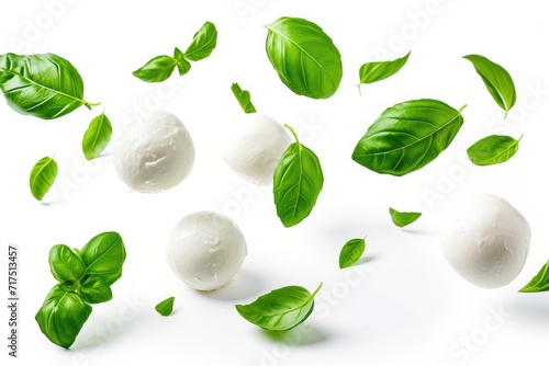Mozzarella and basil float on a white background