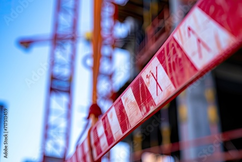 Danger tag tape sign used to cordon off working area due to high risk work involving a defocused crane in a construction site in Perth Australia photo