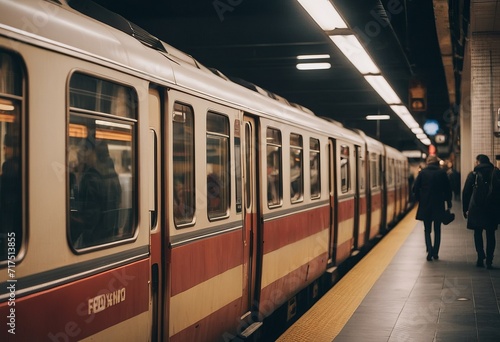 Blurred people on subway platform leaving the train