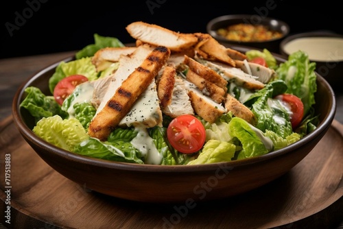 Delicious chicken Caesar salad with grilled chicken, creamy dressing, and crunchy croutons. Generative AI