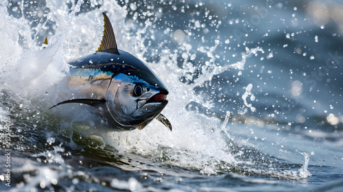 tuna breaching water surface, action shot splash photo