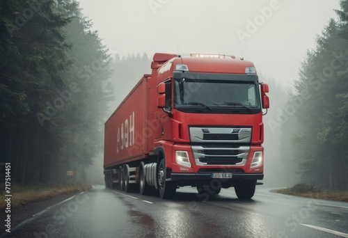 truck on wet road in heavy rain under cloudy sky