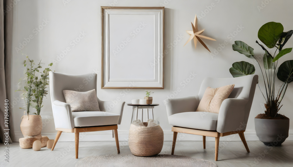 Blank picture frame mockup on white wall. White living room design. View of modern scandinav. Generative AI. Blank picture frame mockup on white wall. White living room design. View of modern scandinav. Generative AI.