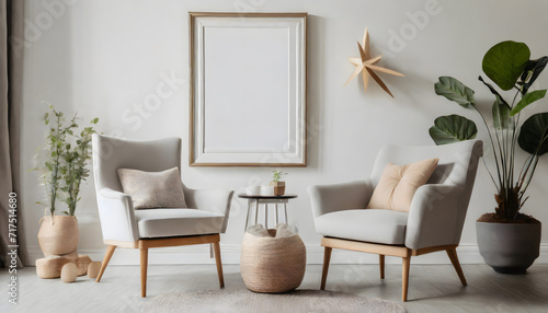 Blank picture frame mockup on white wall. White living room design. View of modern scandinav. Generative AI. © hanifa