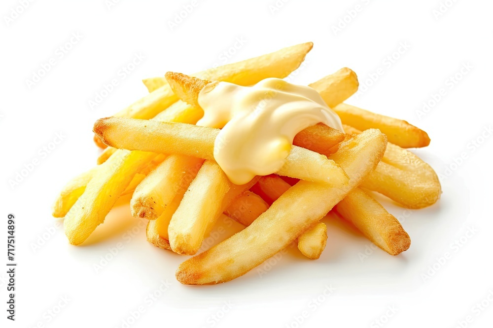 Tasty cheese covered fries on plain backdrop Tasty cheese covered fries on plain backdrop