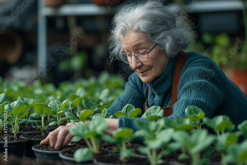 An elderly woman plants seedlings in a greenhouse