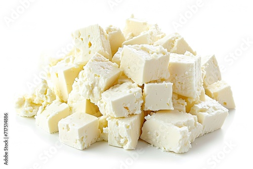 Feta cheese cubes Greek on white background clipped focused