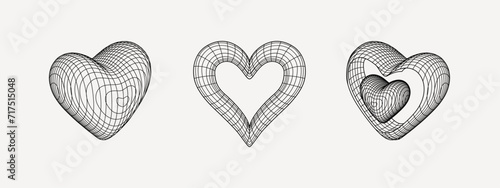 Y2k grid wireframe hearts. Geometry cyberpunk shapes in neon pink color. Happy Valentines Day.