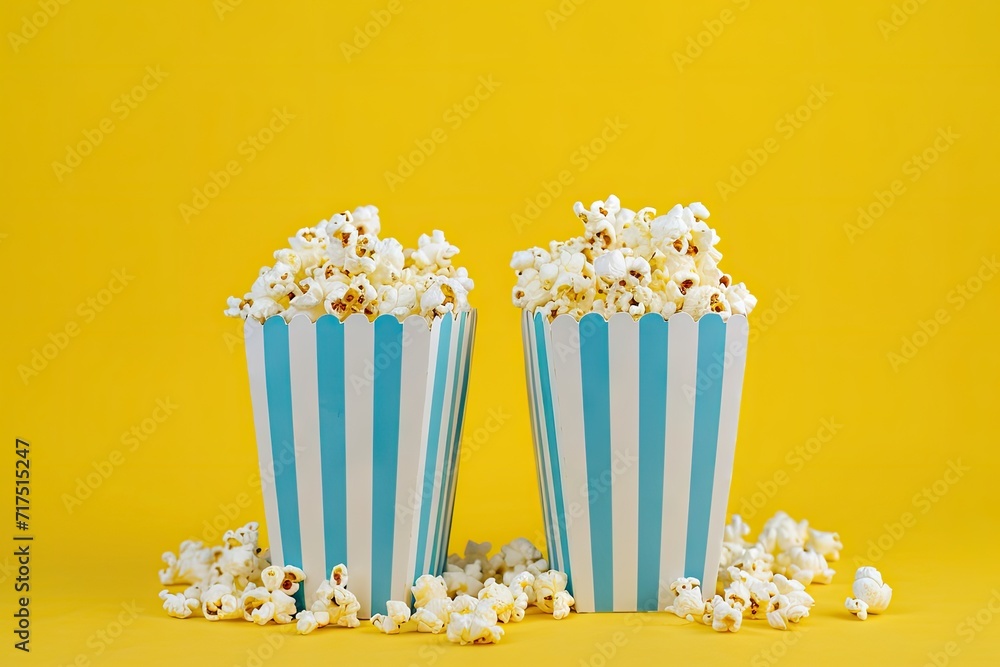 Two striped buckets of cheese popcorn on a yellow background Box with scattered popcorn grains Fast food and entertainment concept