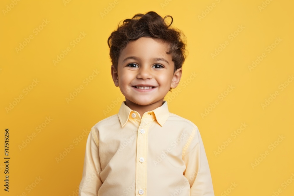 Portrait of a cute little boy smiling at camera over yellow background Portrait of a cute little boy smiling at camera over yellow background