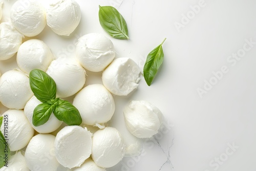 Top view of a delectable mound of mozzarella cheese on a white surface