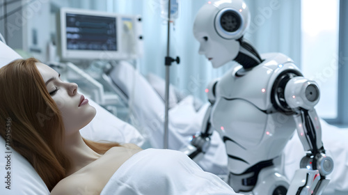 futuristic medical healthcare robot examining female patient in hospital