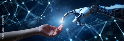 AI, Machine learning, Hands of robot and human touching on big data network connection, Data exchange, deep learning, Science and artificial intelligence technology, innovation of future