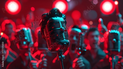 A microphone dressed as Elvis Presley lipsyncing to Jailhouse Rock while a group of other microphones wave lighters and sing along.