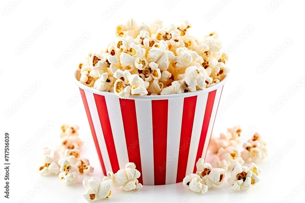 Delicious popcorn in striped container on white surface