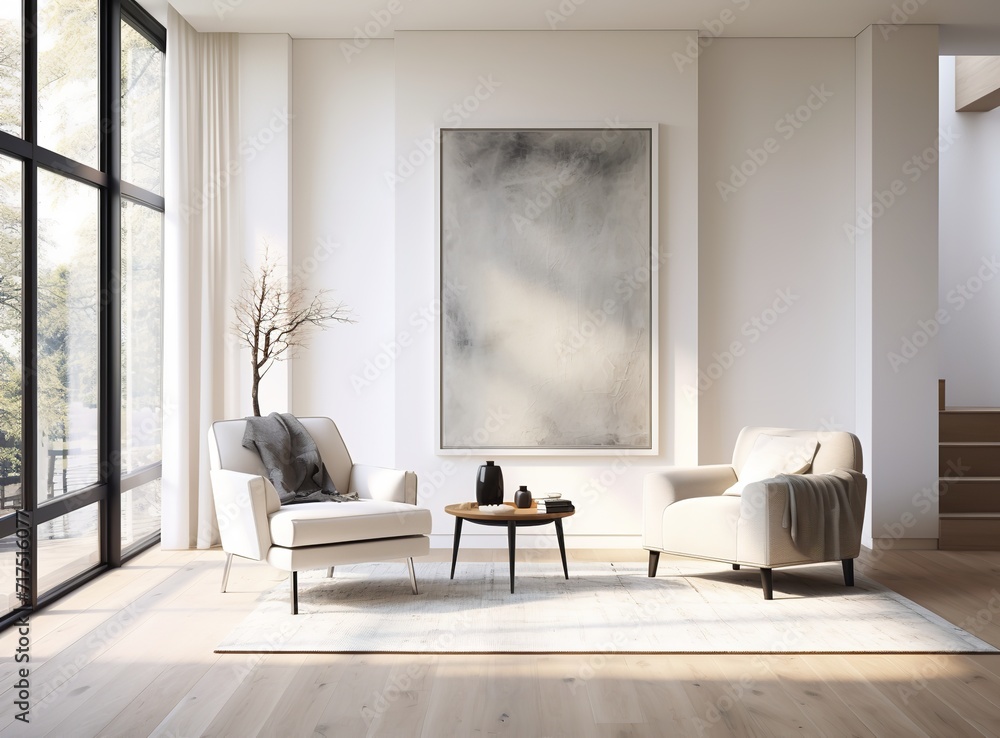 a modern living room features a minimalist design with white walls ...