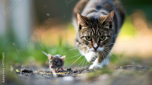 high speed chase, cat chasing mouse, motion blurred 