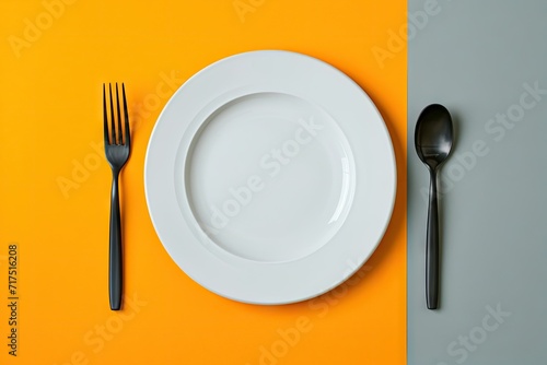 Autumn menu concept for a caf   or restaurant plate and cutlery on yellow orange grey backdrop