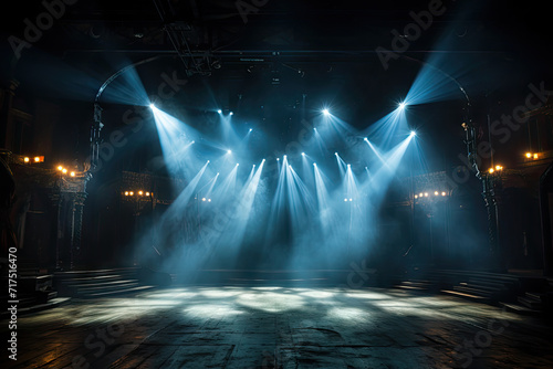 empty stage with black gray spotlights, Artistic performances stage light background with spotlight illuminated the stage for contemporary dance. Empty stage with monochromatic colors lighting 