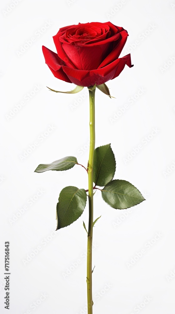 Fototapeta premium single red rose stem isolated on white background with generative ai
