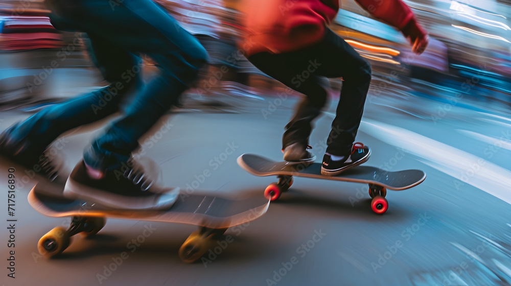 Obraz premium high speed skateboarder in action, motion blurred street skating 