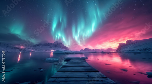A stunning display of the aurora borealis over a snowy landscape with a wooden pier  AI generated