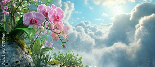 Garden setting with a cloud-covered orchid flower