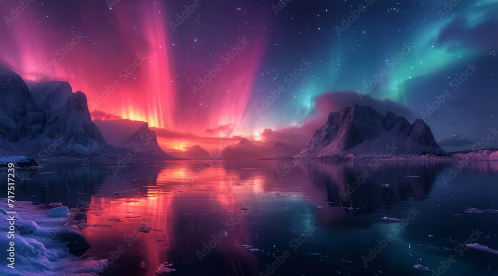 The aurora borealis casts a colorful glow over a serene arctic landscape with mountains and icy water, AI generated