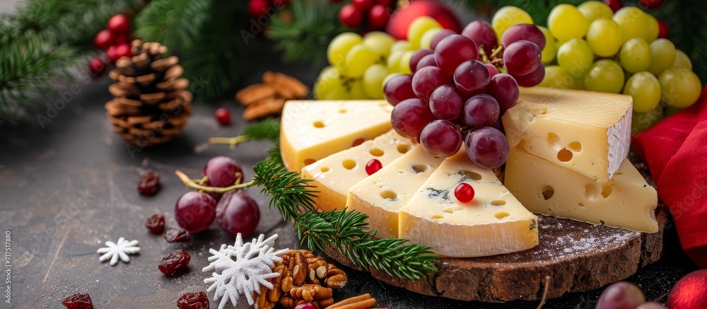 Rustic table with holiday food: sliced Dutch cheese, sour grapes, raisins.
