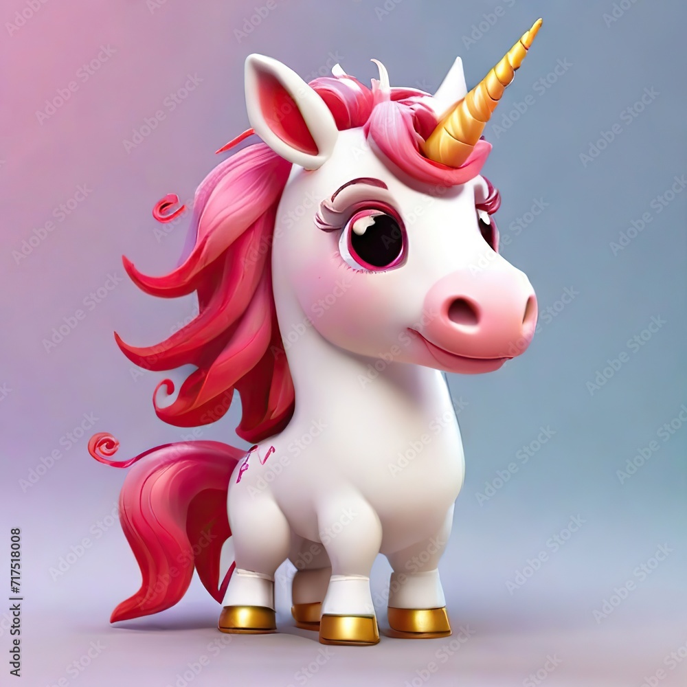 Unparalleled beautiful little white unicorn mascot with golden horn, without wings, with pink mane, pink tail and amazing huge eyes, on gradient blue and pink neutral background, 3D