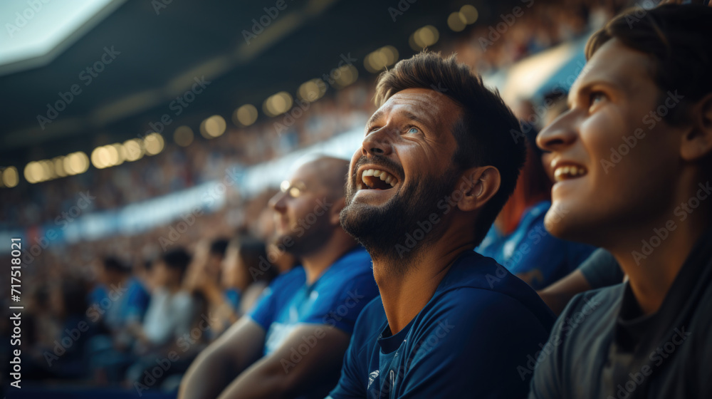 Joyful spectators cheering at a daytime sporting event in a stadium - obrazy, fototapety, plakaty 