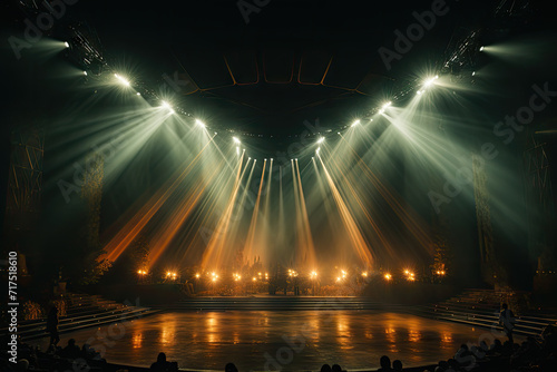 empty theater stage with light orange and dark emerald spotlights,for opera performance. Stage lighting. Empty stage with bright colors backdrop decoration. Entertainment  © Nice Seven