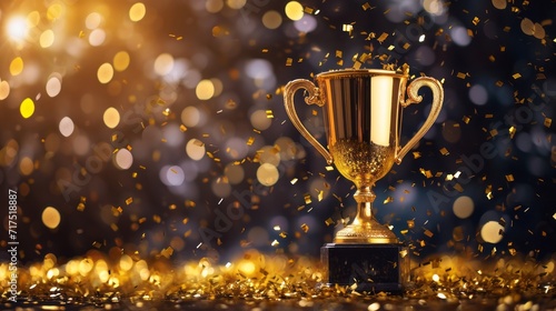 Golden trophy cup with confetti on bokeh background