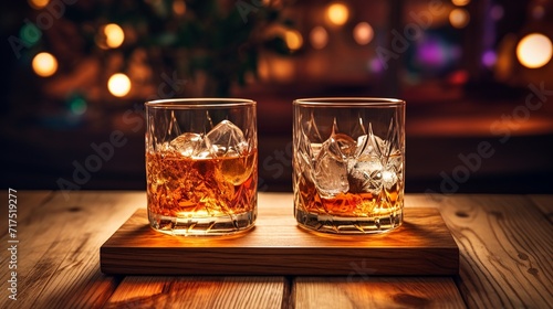 Two glasses of whiskey with ice on wooden table. AI.