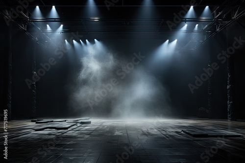 empty stage of black lights on the stage,Empty stage with monochromatic colors and lighting design, Artistic performances stage light background with spotlight illuminated the stage for contemporary 