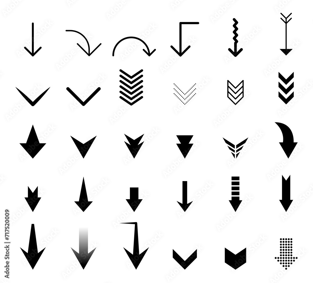 Scroll Down arrow vector set. downward sign. download website ui button collection. - obrazy, fototapety, plakaty 