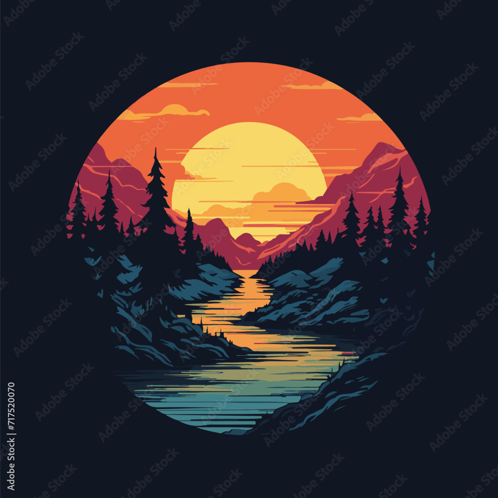 vintage camping of sunset circle landscape with moon