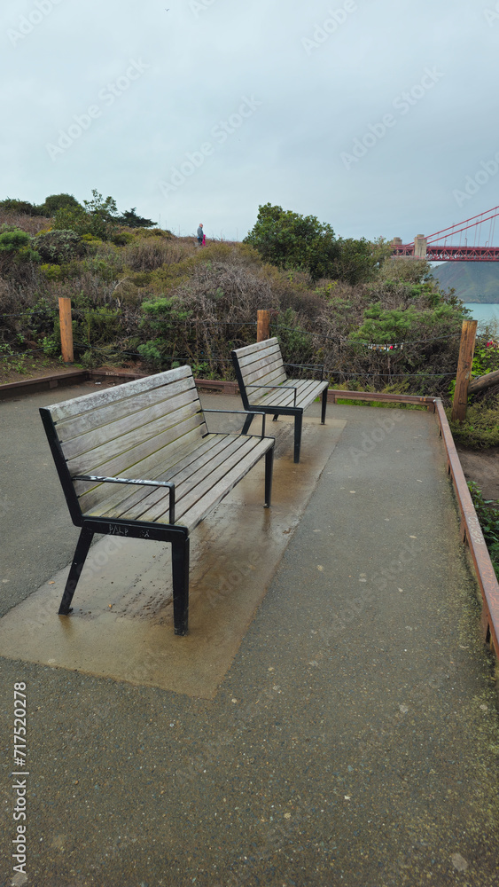 Wooden benches on the wharf.