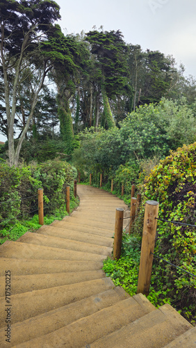 Wooden stairs in the street. Descent to the bay.