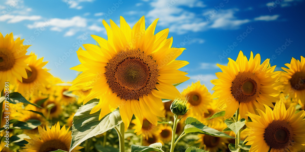Vibrant Sunflower Field Stunning Blue Sky Closeup Vibrant Sunflower Field Stunning Blue Sky Closeup