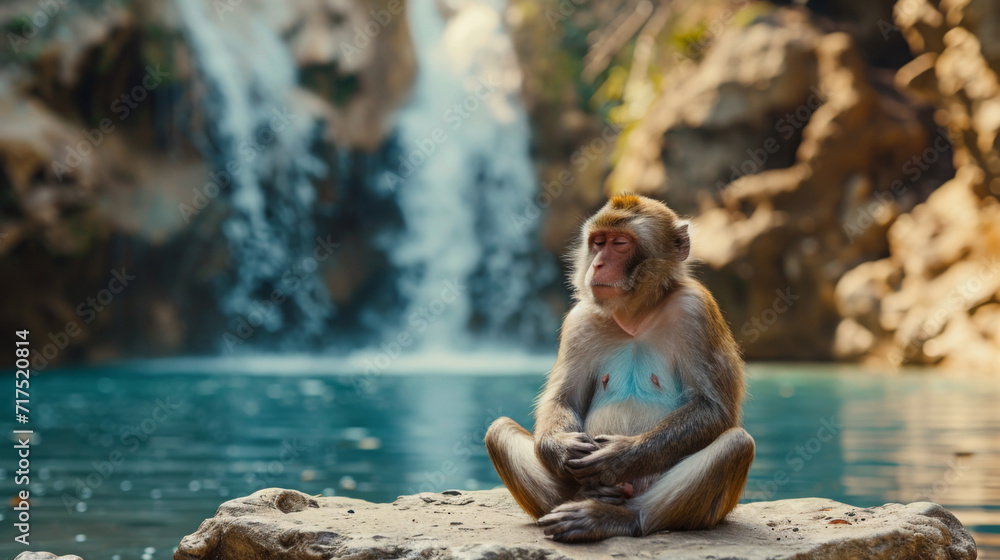 Obraz premium Monkey Meditating by Waterfall.