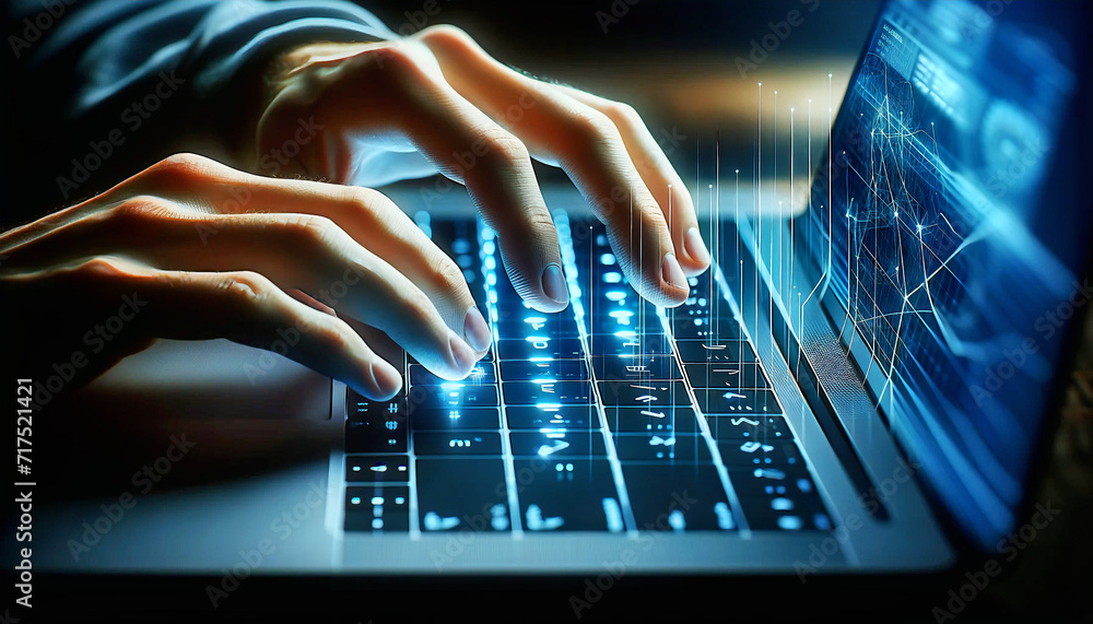 Close-up of hands typing on a laptop keyboard with a futuristic, interactive light interface, suggesting advanced technology and computing. Digital Marketing, Technology, Tech Industry, Startup, Entr Close-up of hands typing on a laptop keyboard with a futuristic, interactive light interface, suggesting advanced technology and computing. Digital Marketing, Technology, Tech Industry, Startup, Entr
